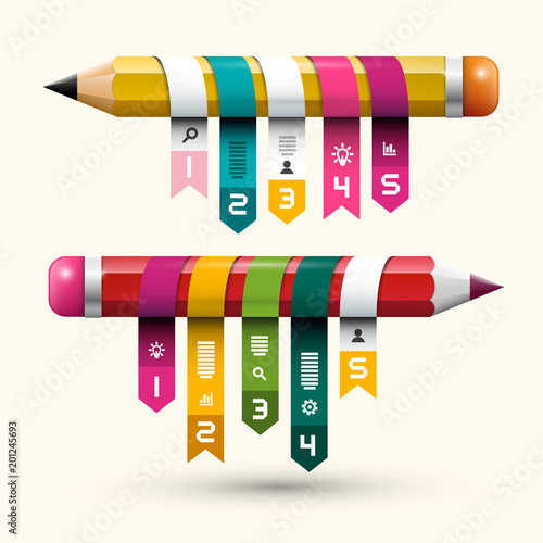 Colorful Paper Labels on Pencils. Creative Project Setup. Infographic Layout. Infographics Template.