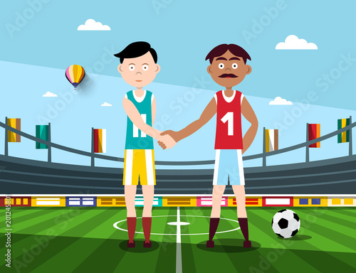 Soccer Players Holding Hands on Football Stadium. Vector Illustration.