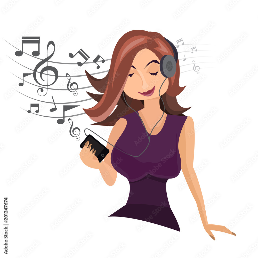 girl happy in headphones with player in hands listening to pop music. girl happy in headphones with player in hands listening to pop music.
