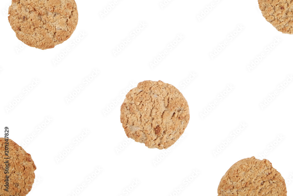 Bunch of healthy vegan integral cookies made of hazelnut powder & linseed isolated on white background. Home made vegetarian sugarless & gluten free snack with nuts. Close up, copy space, top view. Bunch of healthy vegan integral cookies made of hazelnut powder & linseed isolated on white background. Home made vegetarian sugarless & gluten free snack with nuts. Close up, copy space, top view.