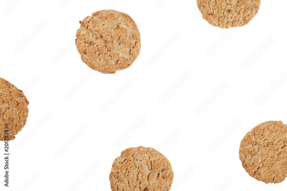 Bunch of healthy vegan integral cookies made of hazelnut powder & linseed isolated on white background. Home made vegetarian sugarless & gluten free snack with nuts. Close up, copy space, top view. Bunch of healthy vegan integral cookies made of hazelnut powder & linseed isolated on white background. Home made vegetarian sugarless & gluten free snack with nuts. Close up, copy space, top view.