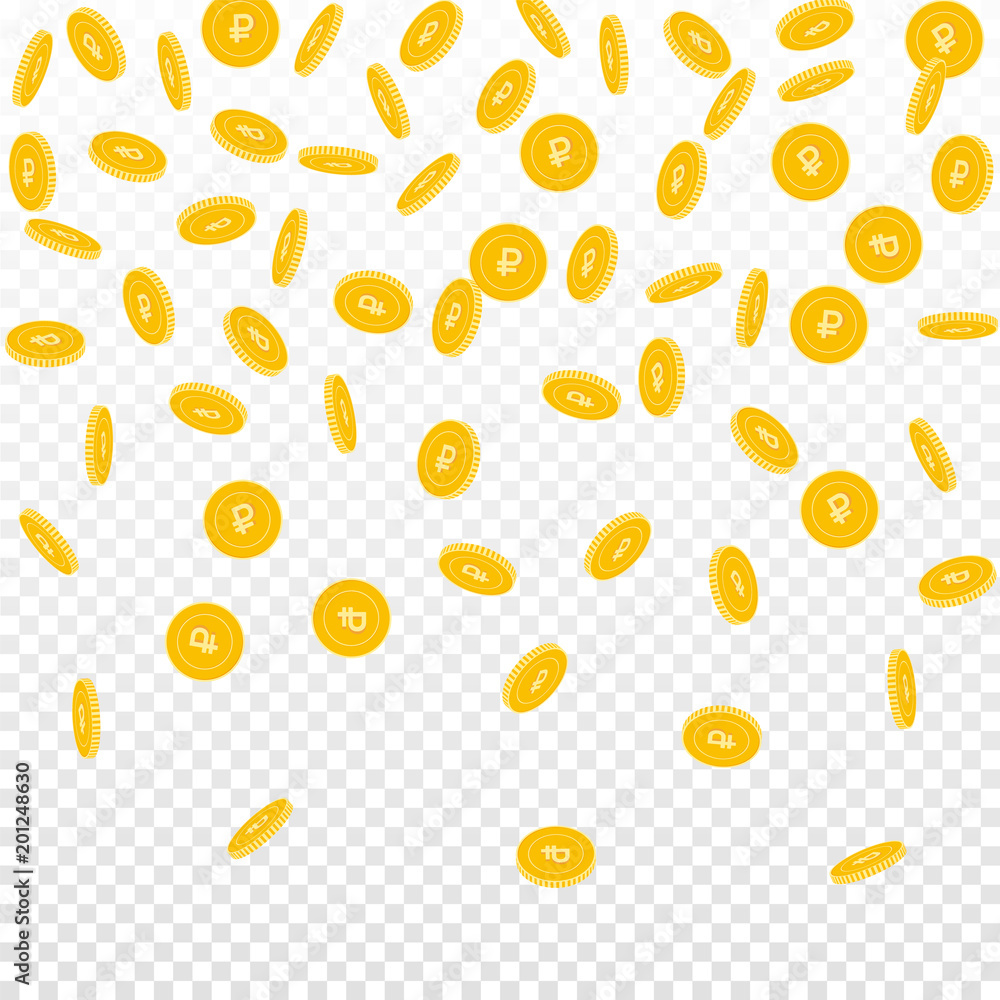 Russian ruble coins falling. Scattered sparse RUB coins on transparent background. Gorgeous top gradient vector illustration. Jackpot or success concept. Russian ruble coins falling. Scattered sparse RUB coins on transparent background. Gorgeous top gradient vector illustration. Jackpot or success concept.