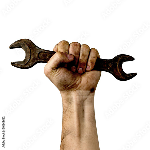 Male hand worker holding wrench, on a white background, isolate. With an inscription, happy labour day. International celebration.