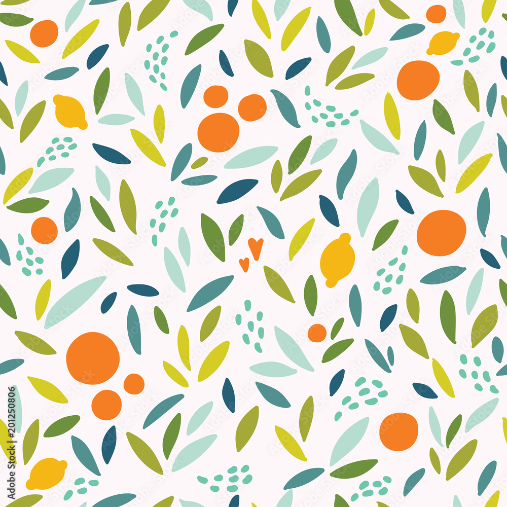 Lovely colorful vector seamless pattern with cute oranges, lemons and leaves in bright colors.