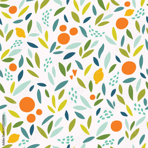 Lovely colorful vector seamless pattern with cute oranges, lemons and leaves in bright colors.