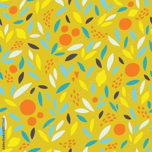 Lovely colorful vector seamless pattern with cute oranges, lemons and leaves in bright colors.