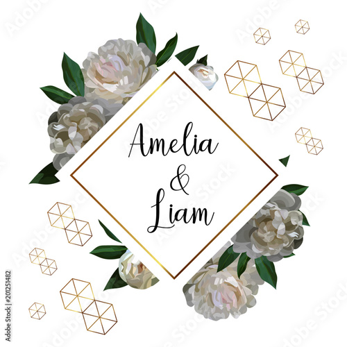 Vector floral wedding invitation card with peonies in watercolor style. Botanical template with golden frame and flowers for invite, greeting and covers, poligraphy