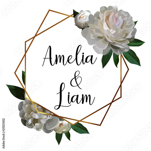 Vector floral wedding invitation card with peonies in watercolor style. Botanical template with golden frame and flowers for invite, greeting and covers, poligraphy