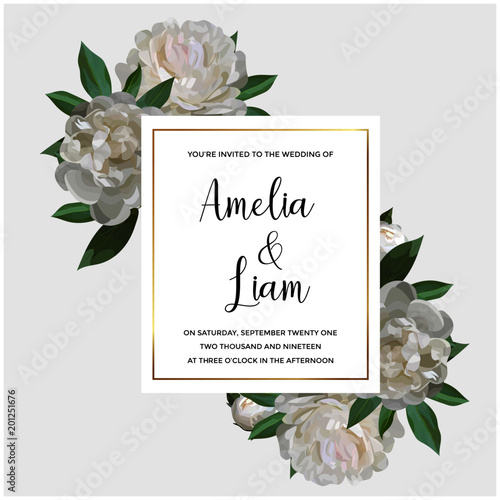 Vector floral wedding invitation card with peonies in watercolor style. Botanical template with golden frame and flowers for invite, greeting and covers, poligraphy