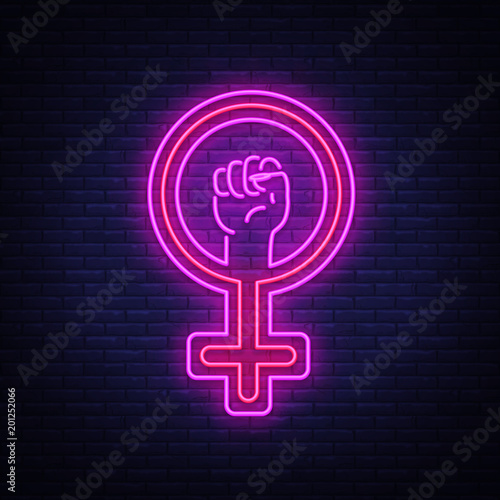Female gender symbol neon sign vector. Feminism night light symbol, icon. Feminist protest symbol in neon style. Design a template for Equality