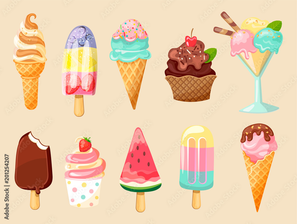 New Cartoon Ice cream collection of summer delicious 2018 in flat style. 10 tasty colorful sundaes, gelatos. Vector illustration. - obrazy, fototapety, plakaty 