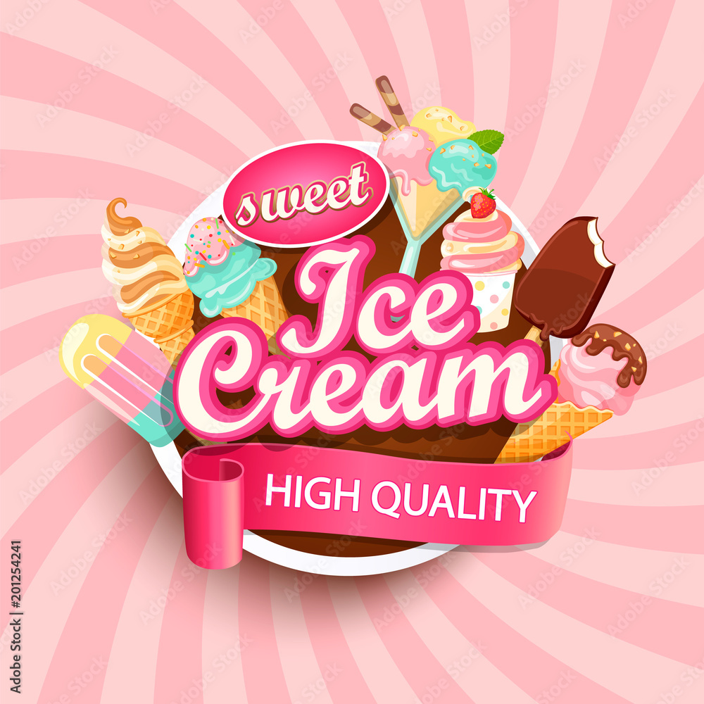 Colorful Ice cream shop logo label or emblem in caartoon style for your design on suburst