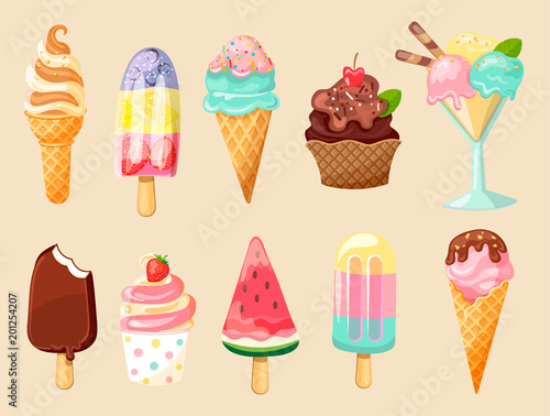New Cartoon Ice cream collection of summer delicious 2018 in flat style. 10 tasty colorful sundaes, gelatos. Vector illustration.