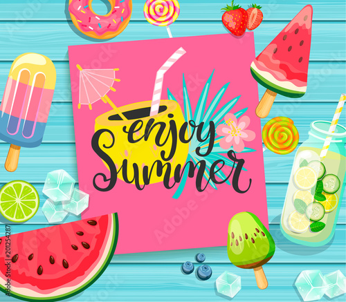 Enjoy Summer card with lettering on blue wooden background with lemonade, detox, watermelon, ice, donut, ice cream, lime and candy. Vector Illustration.