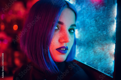 Portrait beautiful girl with blue hair photo