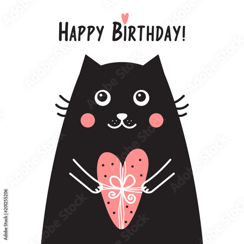 Happy Birthday card with black cat and gift of pink heart.
