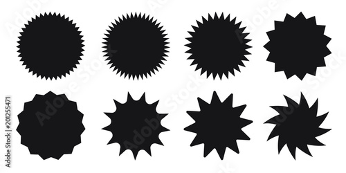 Set of blank starburst, empty sunburst badges. Design elements - best for sale sticker, price tag, quality mark. Flat vector illustration isolated on white background.