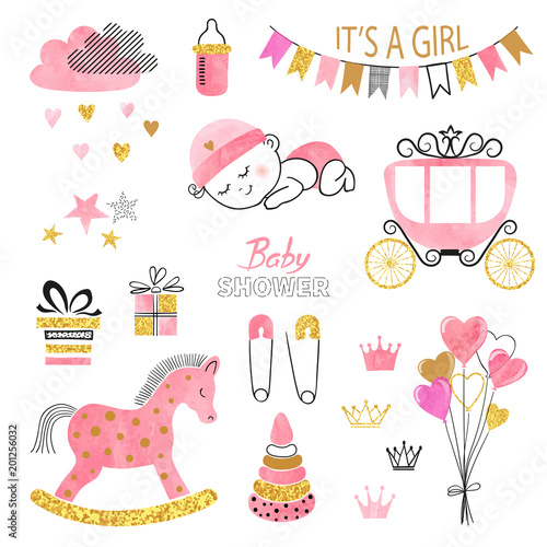 Baby Shower girl set. Collection of vector watercolor design elements.
