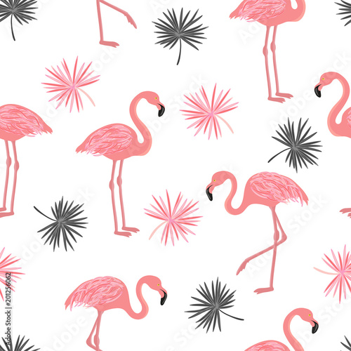 Seamless pattern with flamingo and palm leaves. Vector tropical background.