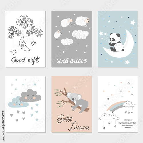 Plakat Zestaw nocnych kart z cute kreskówek zwierząt, gwiazd i księżyca. Plakaty do pokojów dla dzieci. Ilustracje wektorowe słodkich snów.