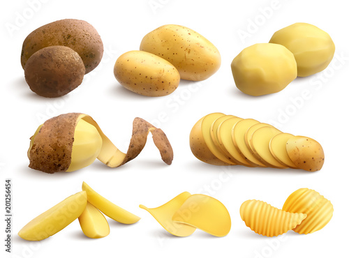 Fotografia Raw And Fried Potato Realistic Set