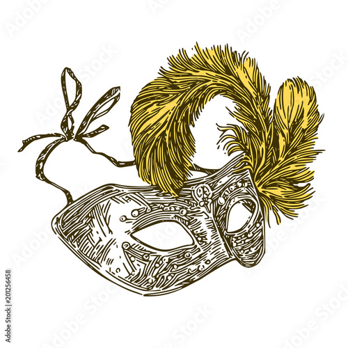Carnival mask with golden feather. Engraving style. Vector illustration.