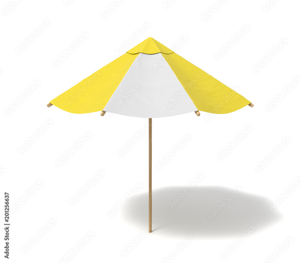 3d rendering of an isolated beach umbrella with white and yellow stripes on white background. 3d rendering of an isolated beach umbrella with white and yellow stripes on white background.