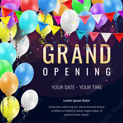 Grand opening invitation concept. Celebration design. Gold glitter letters on abstract background with light effect and bokeh.