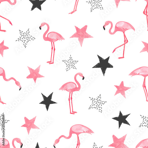 Seamless trendy pattern with watercolor flamingo and stars. Vector background.