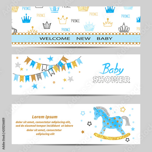 Baby Shower boy banners vector set in blue and golden colors.