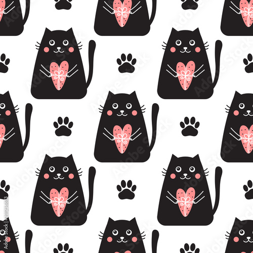 Cat seamless pattern this gift of pink heart and paw in geometric style.