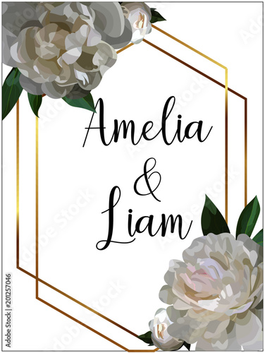 Vector floral banner with white peonies in watercolor style.Greenery botanical template with text place for wedding invitation, greeting, card,covers, poligraphy, parfume,cosmetics