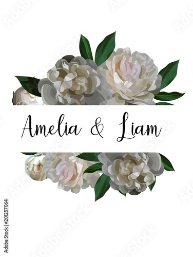 Floral banner with white peonies in watercolor style.Greenery botanical template with text place for wedding invitation, greeting, card,covers, poligraphy, parfume,cosmetics