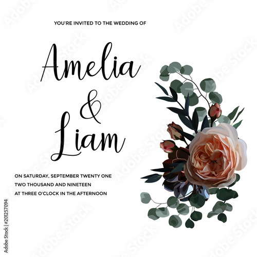 Floral wedding invitation card with rose,succulent,eucalypyus leaves in watercolor style. Botanical template with golden frame and flowers for invite, greeting and covers, poligraphy