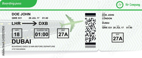 Illustration of airplane boarding pass. Green flight coupon. Vector airline ticket.