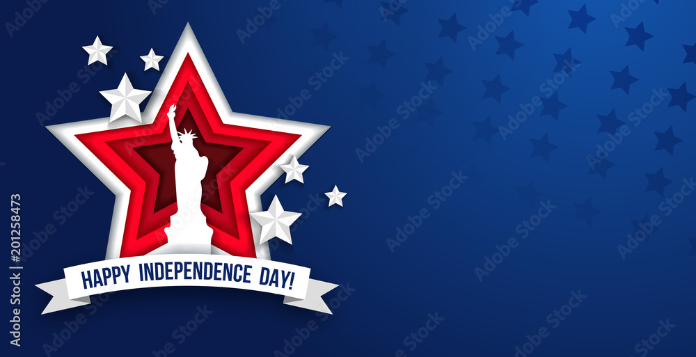 4th of july Independence day greeting card with paper cut effect. Paper cut red stars, ribbon and Liberty statue on blue background. Vector illustration