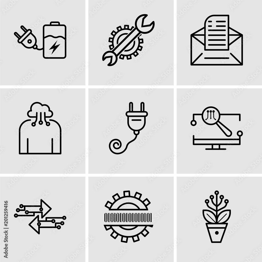 Set Of 9 simple editable icons such as Settings, Binary code, Transfer, Monitor, Plug, Cloud computing, Email, Settings, Battery Set Of 9 simple editable icons such as Settings, Binary code, Transfer, Monitor, Plug, Cloud computing, Email, Settings, Battery