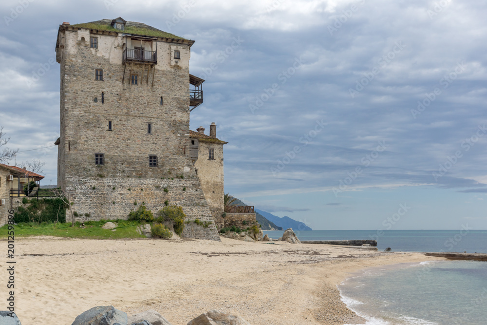 Medieval tower in  Ouranopoli, Athos, Chalkidiki, Central Macedonia, Greece 