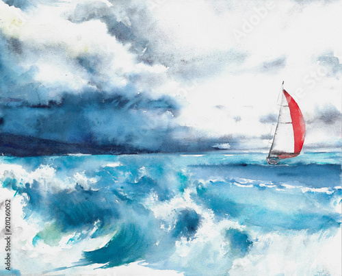 Seascape sail yacht boat waves storm weather watercolor painting illustration