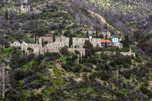 Old Monastery in Mount Athos at Autonomous Monastic State of the Holy Mountain, Chalkidiki, Greece 