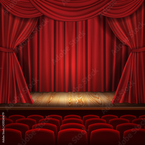 Theater vector concept, realistic luxurious red velvet curtains with theatre scarlet seats, classic scene background. Illustration for ceremony, opera, presentation, show, premiere