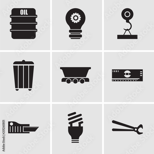 Set Of 9 simple editable icons such as nippers, lightbulb, cutter, scale, freight wagon, trash, load crane, setting lamp, oil