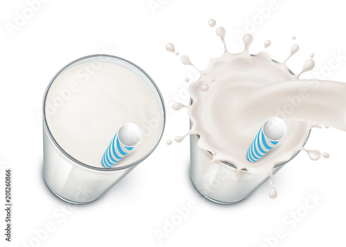 Vector set with two realistic glasses filled with milk, cream or yogurt, with milky splash and drinking straws isolated on background. Mockup with glassware and natural dairy product for advertising