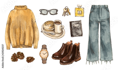 hand drawing watercolor sketch outfit. fashion illustration. set of isolated elements.