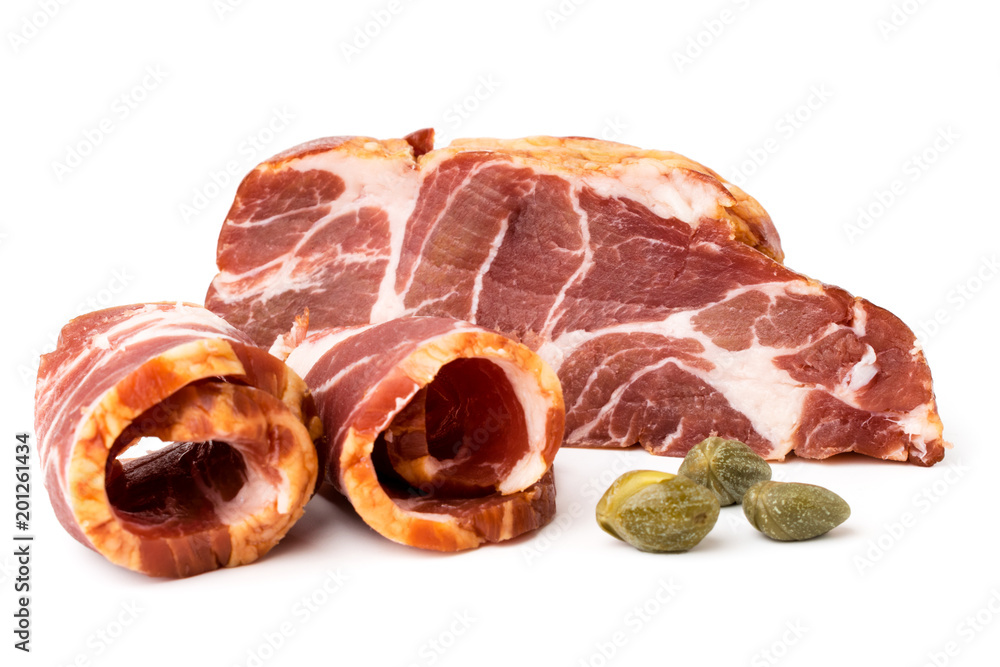Piece of fresh meat and slices on a white, close up. Piece of fresh meat and slices on a white, close up.