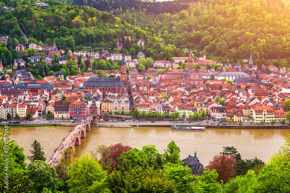 Panoramic view of beautiful medieval town Heidelberg including Carl Theodor Old Bridge, Neckar river, Church of the Holy Spirit, Germany - obrazy, fototapety, plakaty 