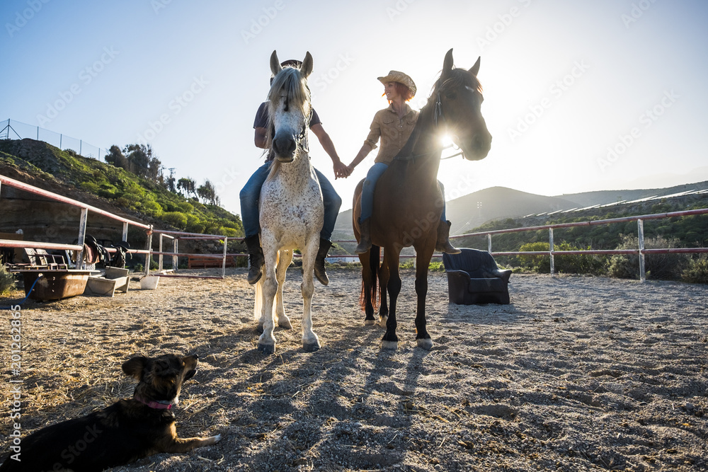 Naklejka premium beautiful caucasian couple on two horses with the sun in backlight and a dog looking them from the ground. touching hands and beautiful animals for love therapy