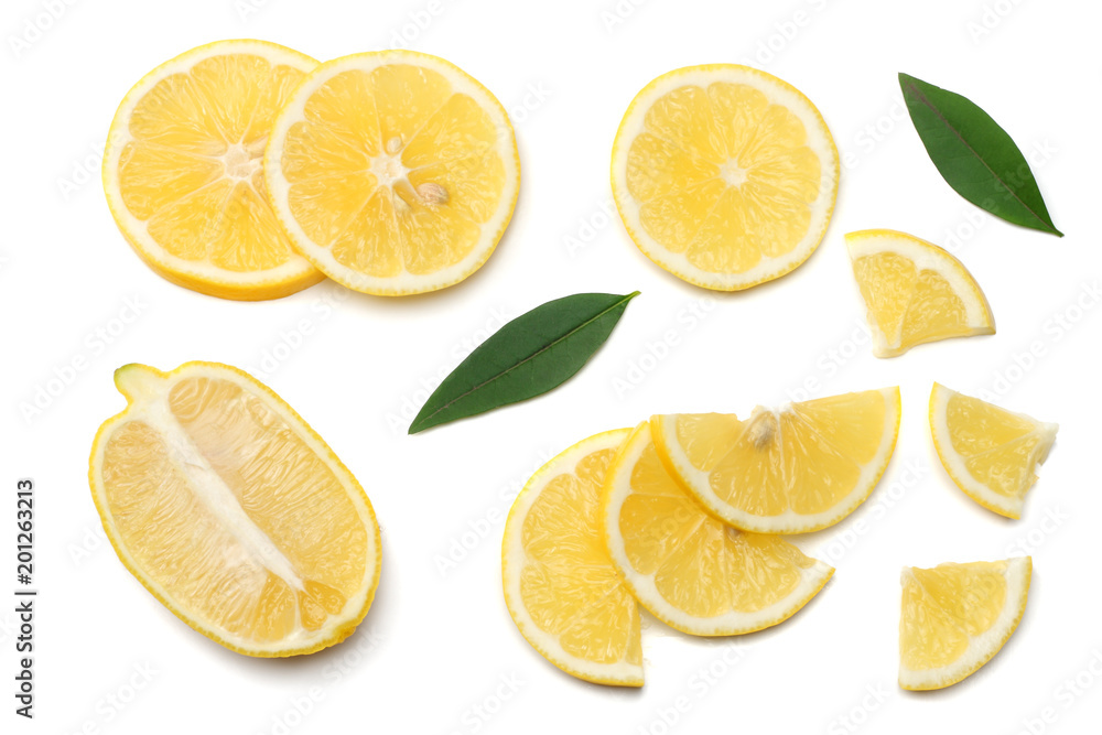 healthy food. sliced lemon with green leaf isolated on white background top view healthy food. sliced lemon with green leaf isolated on white background top view