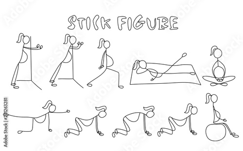 Set of stick figure pregnant women. Simple drawing people pictures.Sport vector illustration