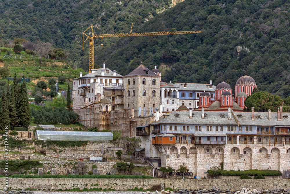 Obraz premium Xenophontos monastery at Mount Athos in Autonomous Monastic State of the Holy Mountain, Chalkidiki, Greece